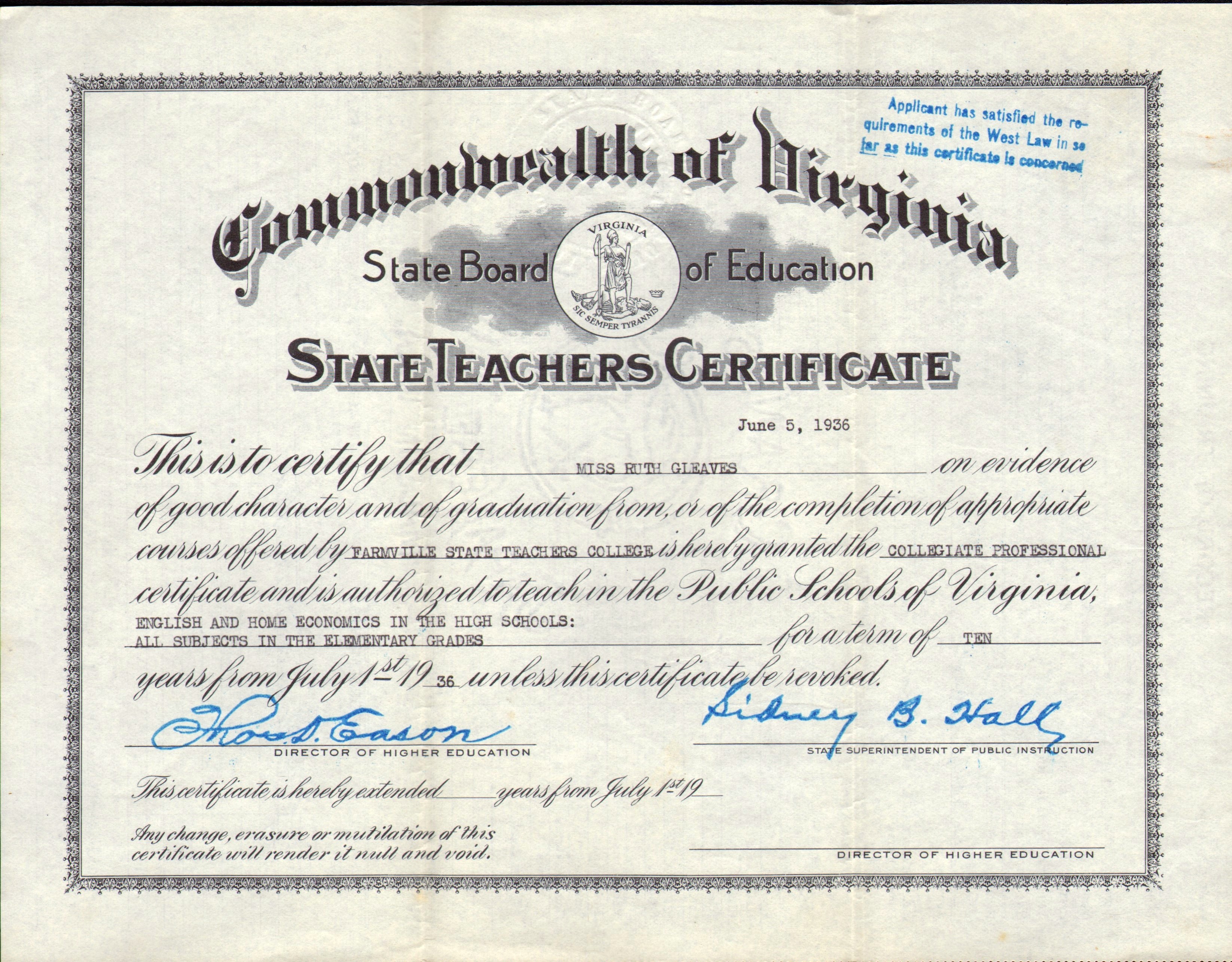 Letters State Teachers Certificate Gleaves Family
